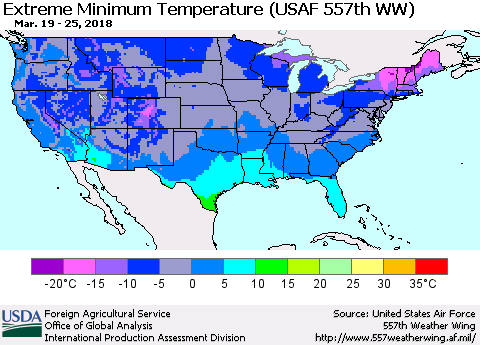 United States Minimum Daily Temperature (USAF 557th WW) Thematic Map For 3/19/2018 - 3/25/2018