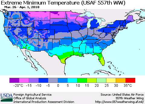 United States Minimum Daily Temperature (USAF 557th WW) Thematic Map For 3/26/2018 - 4/1/2018