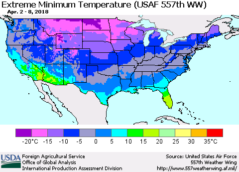 United States Minimum Daily Temperature (USAF 557th WW) Thematic Map For 4/2/2018 - 4/8/2018