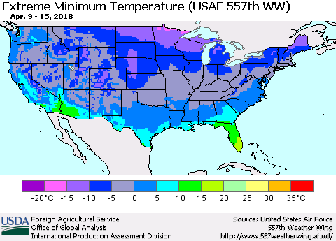United States Minimum Daily Temperature (USAF 557th WW) Thematic Map For 4/9/2018 - 4/15/2018