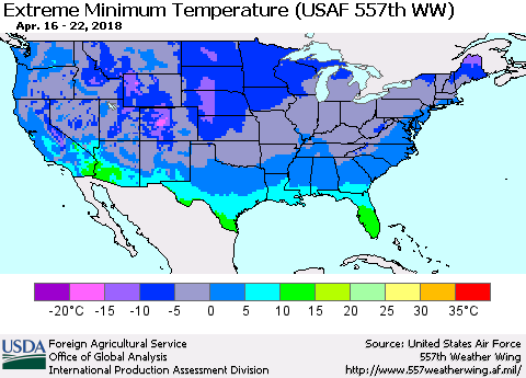 United States Minimum Daily Temperature (USAF 557th WW) Thematic Map For 4/16/2018 - 4/22/2018