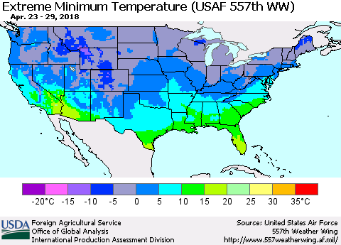 United States Minimum Daily Temperature (USAF 557th WW) Thematic Map For 4/23/2018 - 4/29/2018