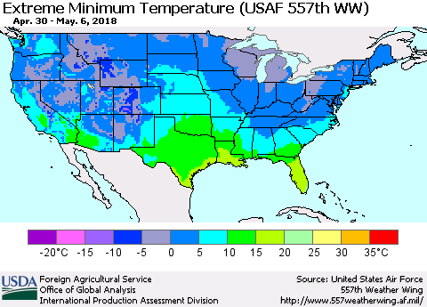 United States Minimum Daily Temperature (USAF 557th WW) Thematic Map For 4/30/2018 - 5/6/2018