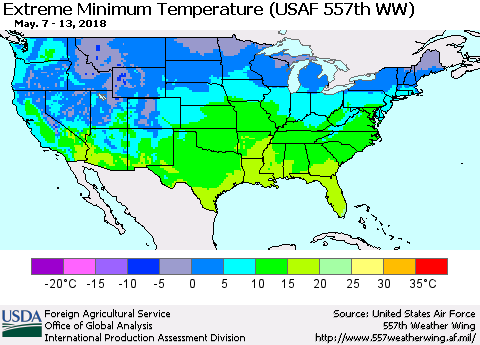 United States Minimum Daily Temperature (USAF 557th WW) Thematic Map For 5/7/2018 - 5/13/2018
