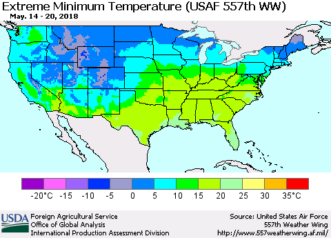 United States Minimum Daily Temperature (USAF 557th WW) Thematic Map For 5/14/2018 - 5/20/2018