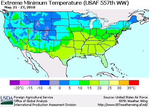 United States Minimum Daily Temperature (USAF 557th WW) Thematic Map For 5/21/2018 - 5/27/2018