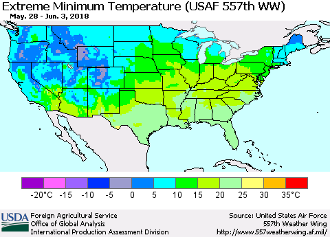 United States Minimum Daily Temperature (USAF 557th WW) Thematic Map For 5/28/2018 - 6/3/2018