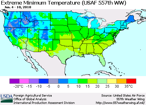 United States Minimum Daily Temperature (USAF 557th WW) Thematic Map For 6/4/2018 - 6/10/2018