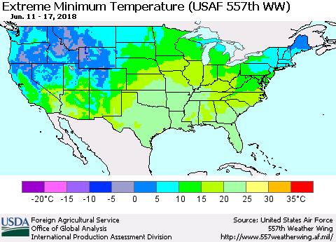 United States Minimum Daily Temperature (USAF 557th WW) Thematic Map For 6/11/2018 - 6/17/2018