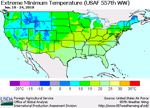 United States Minimum Daily Temperature (USAF 557th WW) Thematic Map For 6/18/2018 - 6/24/2018