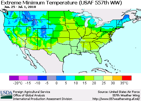 United States Minimum Daily Temperature (USAF 557th WW) Thematic Map For 6/25/2018 - 7/1/2018