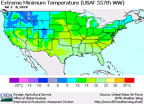 United States Minimum Daily Temperature (USAF 557th WW) Thematic Map For 7/2/2018 - 7/8/2018