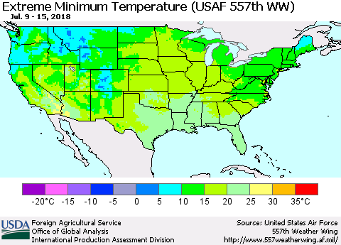 United States Minimum Daily Temperature (USAF 557th WW) Thematic Map For 7/9/2018 - 7/15/2018