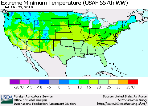 United States Minimum Daily Temperature (USAF 557th WW) Thematic Map For 7/16/2018 - 7/22/2018