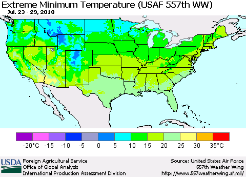 United States Minimum Daily Temperature (USAF 557th WW) Thematic Map For 7/23/2018 - 7/29/2018