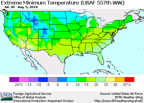 United States Minimum Daily Temperature (USAF 557th WW) Thematic Map For 7/30/2018 - 8/5/2018