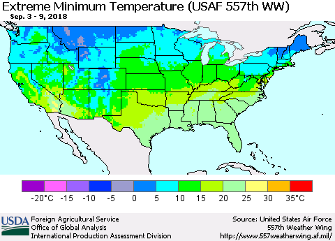 United States Minimum Daily Temperature (USAF 557th WW) Thematic Map For 9/3/2018 - 9/9/2018