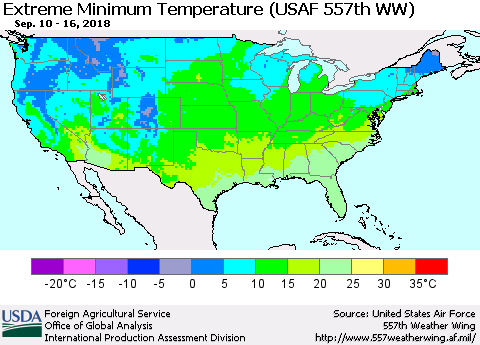 United States Minimum Daily Temperature (USAF 557th WW) Thematic Map For 9/10/2018 - 9/16/2018