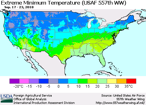 United States Minimum Daily Temperature (USAF 557th WW) Thematic Map For 9/17/2018 - 9/23/2018