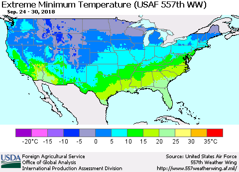 United States Minimum Daily Temperature (USAF 557th WW) Thematic Map For 9/24/2018 - 9/30/2018
