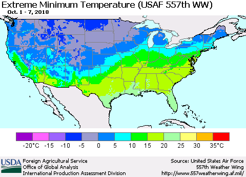 United States Minimum Daily Temperature (USAF 557th WW) Thematic Map For 10/1/2018 - 10/7/2018