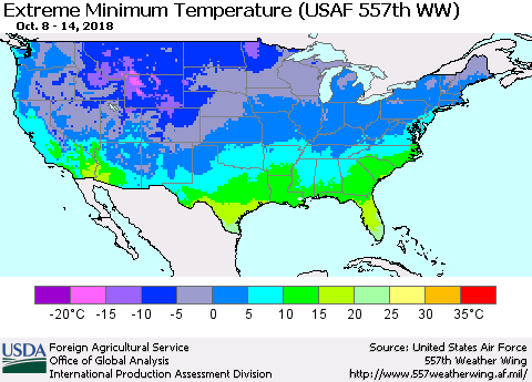 United States Minimum Daily Temperature (USAF 557th WW) Thematic Map For 10/8/2018 - 10/14/2018