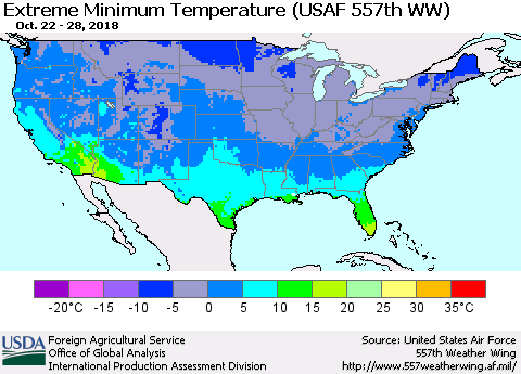 United States Minimum Daily Temperature (USAF 557th WW) Thematic Map For 10/22/2018 - 10/28/2018