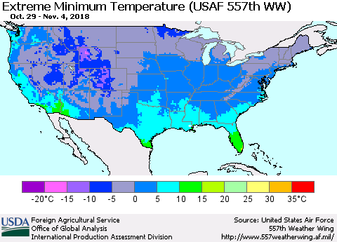 United States Minimum Daily Temperature (USAF 557th WW) Thematic Map For 10/29/2018 - 11/4/2018