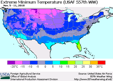 United States Minimum Daily Temperature (USAF 557th WW) Thematic Map For 11/5/2018 - 11/11/2018