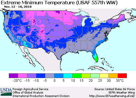 United States Minimum Daily Temperature (USAF 557th WW) Thematic Map For 11/12/2018 - 11/18/2018