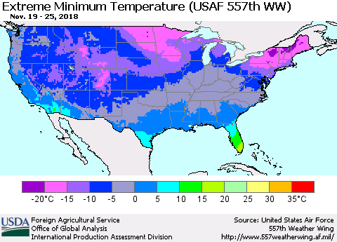 United States Minimum Daily Temperature (USAF 557th WW) Thematic Map For 11/19/2018 - 11/25/2018