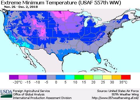 United States Minimum Daily Temperature (USAF 557th WW) Thematic Map For 11/26/2018 - 12/2/2018