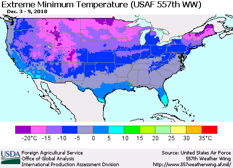 United States Minimum Daily Temperature (USAF 557th WW) Thematic Map For 12/3/2018 - 12/9/2018