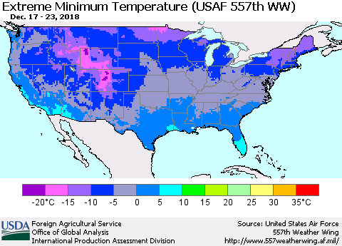 United States Minimum Daily Temperature (USAF 557th WW) Thematic Map For 12/17/2018 - 12/23/2018