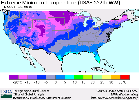 United States Minimum Daily Temperature (USAF 557th WW) Thematic Map For 12/24/2018 - 12/30/2018