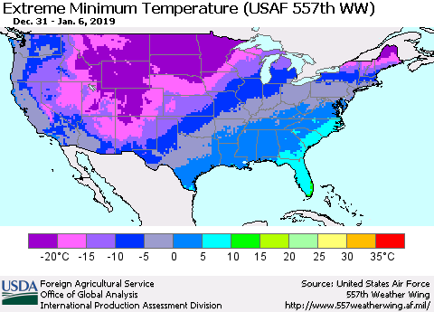 United States Minimum Daily Temperature (USAF 557th WW) Thematic Map For 12/31/2018 - 1/6/2019