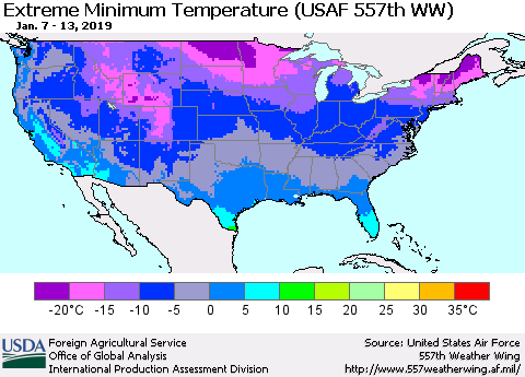 United States Minimum Daily Temperature (USAF 557th WW) Thematic Map For 1/7/2019 - 1/13/2019