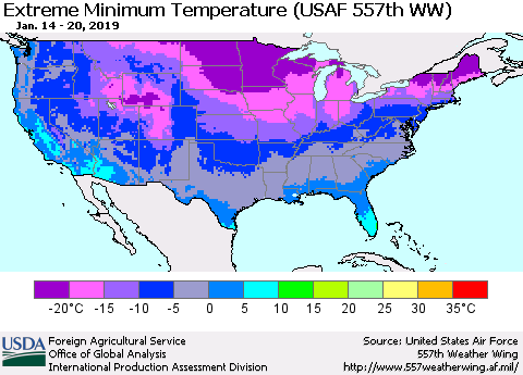 United States Minimum Daily Temperature (USAF 557th WW) Thematic Map For 1/14/2019 - 1/20/2019