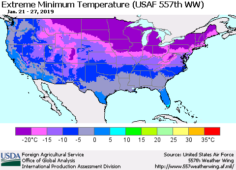 United States Minimum Daily Temperature (USAF 557th WW) Thematic Map For 1/21/2019 - 1/27/2019