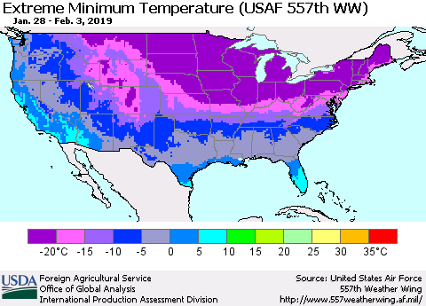 United States Minimum Daily Temperature (USAF 557th WW) Thematic Map For 1/28/2019 - 2/3/2019