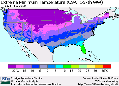 United States Minimum Daily Temperature (USAF 557th WW) Thematic Map For 2/4/2019 - 2/10/2019