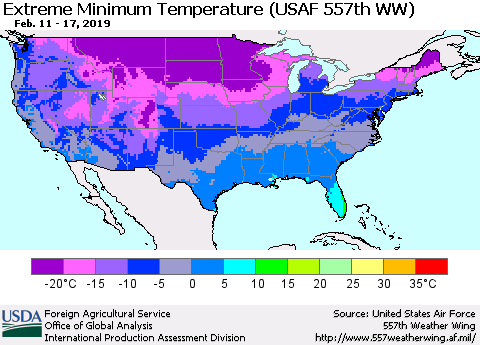 United States Minimum Daily Temperature (USAF 557th WW) Thematic Map For 2/11/2019 - 2/17/2019