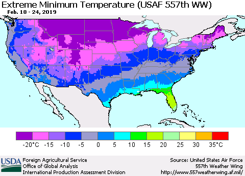 United States Minimum Daily Temperature (USAF 557th WW) Thematic Map For 2/18/2019 - 2/24/2019
