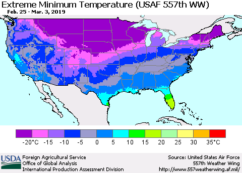 United States Minimum Daily Temperature (USAF 557th WW) Thematic Map For 2/25/2019 - 3/3/2019