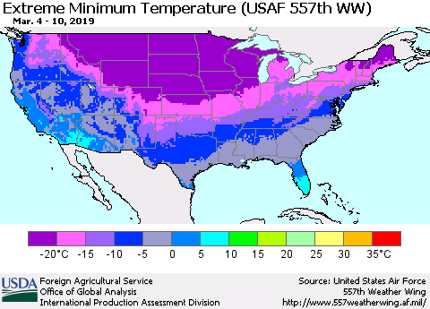 United States Minimum Daily Temperature (USAF 557th WW) Thematic Map For 3/4/2019 - 3/10/2019
