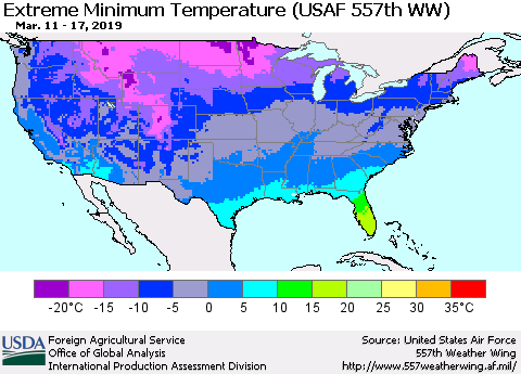 United States Minimum Daily Temperature (USAF 557th WW) Thematic Map For 3/11/2019 - 3/17/2019