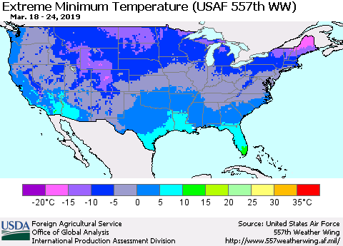 United States Minimum Daily Temperature (USAF 557th WW) Thematic Map For 3/18/2019 - 3/24/2019
