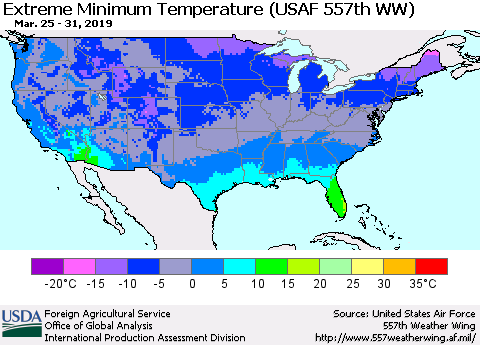 United States Minimum Daily Temperature (USAF 557th WW) Thematic Map For 3/25/2019 - 3/31/2019