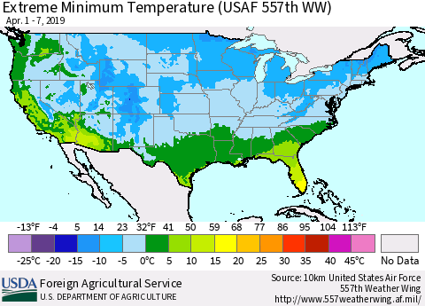 United States Minimum Daily Temperature (USAF 557th WW) Thematic Map For 4/1/2019 - 4/7/2019
