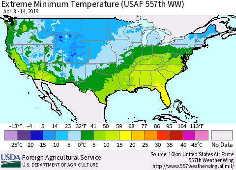 United States Minimum Daily Temperature (USAF 557th WW) Thematic Map For 4/8/2019 - 4/14/2019
